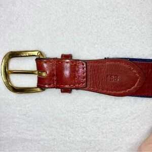 SOLD Smathers & Branson Needlepoint Belt Bow Tie 38 Navy Blue Leather Brass